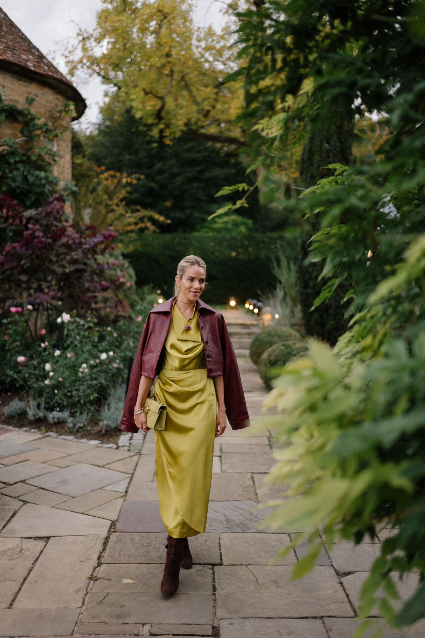 chartreuse satin dress maroon leather jacket brown suede boots