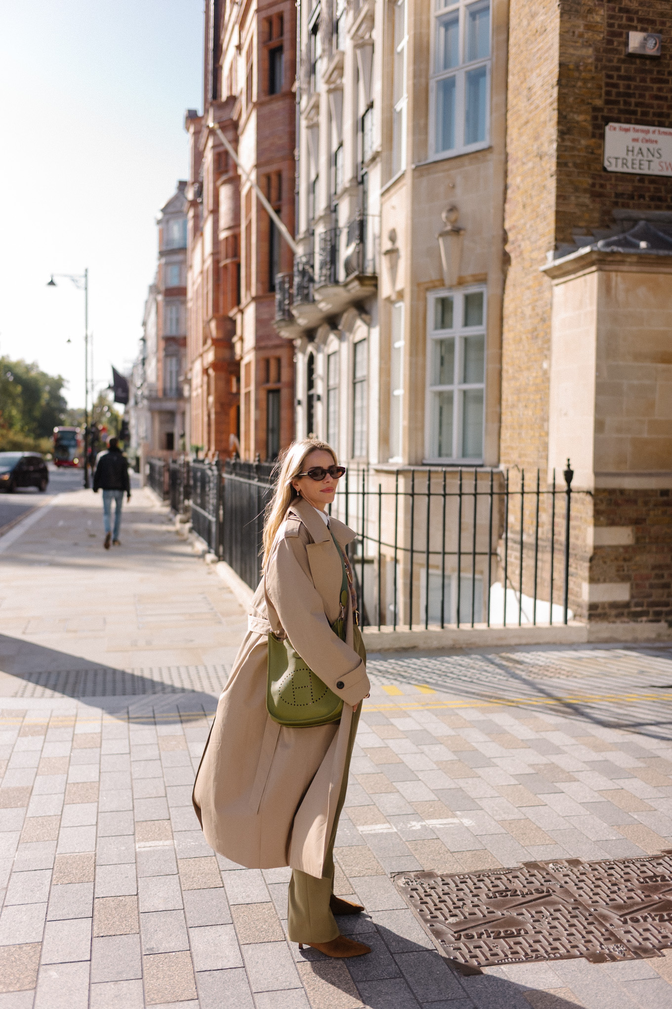 tan trench brown swipe sweater green silk pants