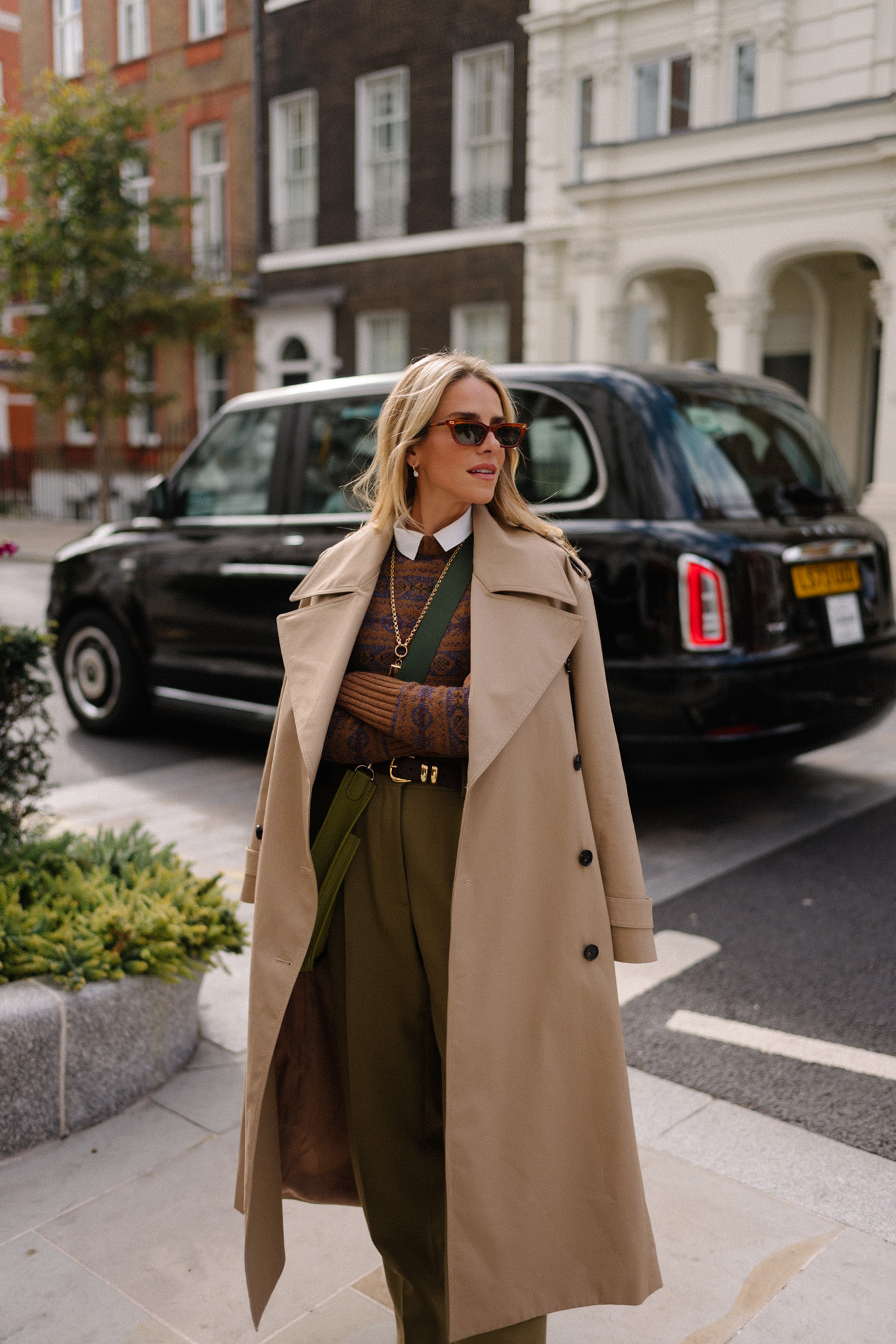 tan trench brown swipe sweater green silk pants