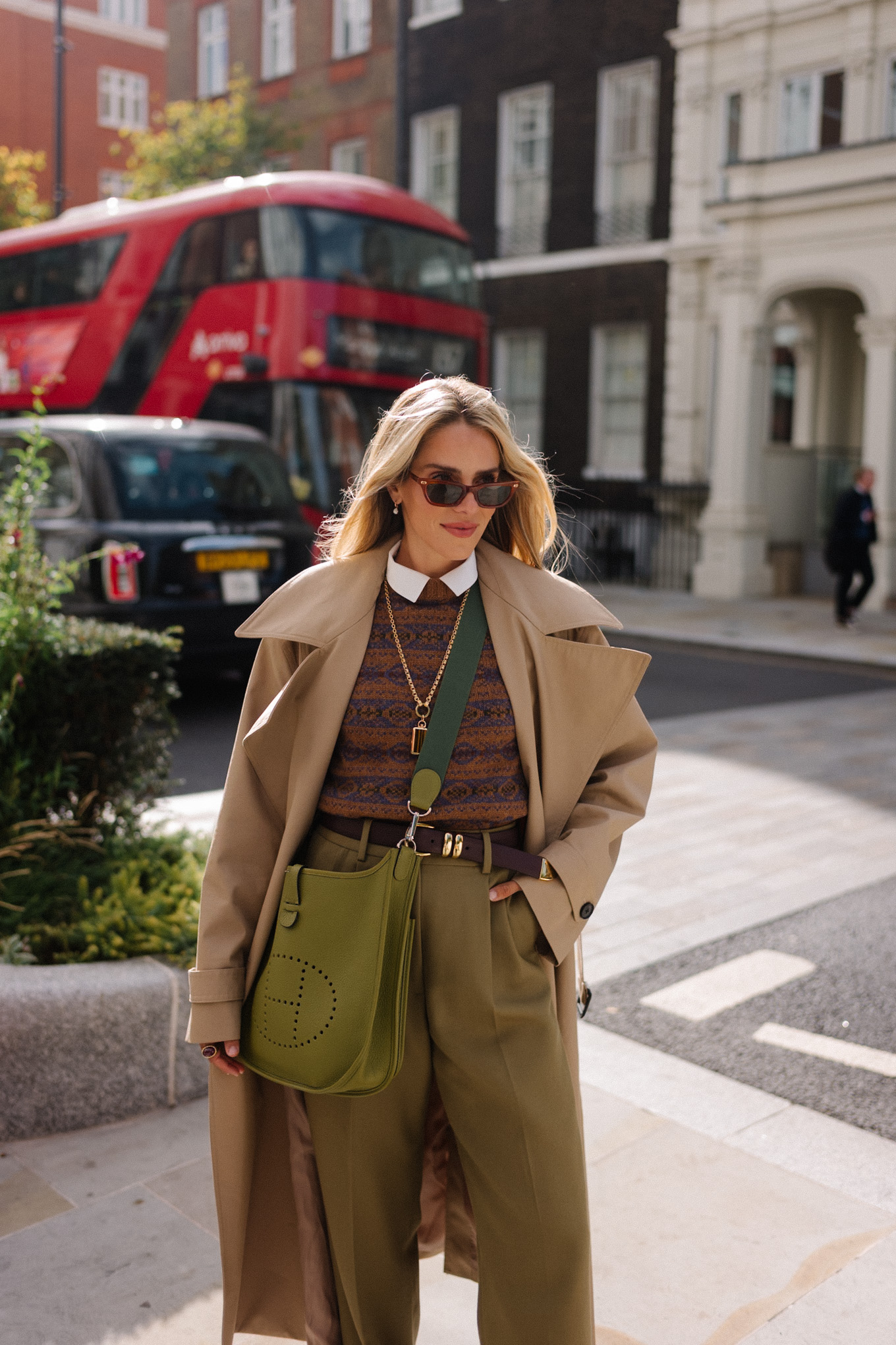 tan trench brown swipe sweater green silk pants