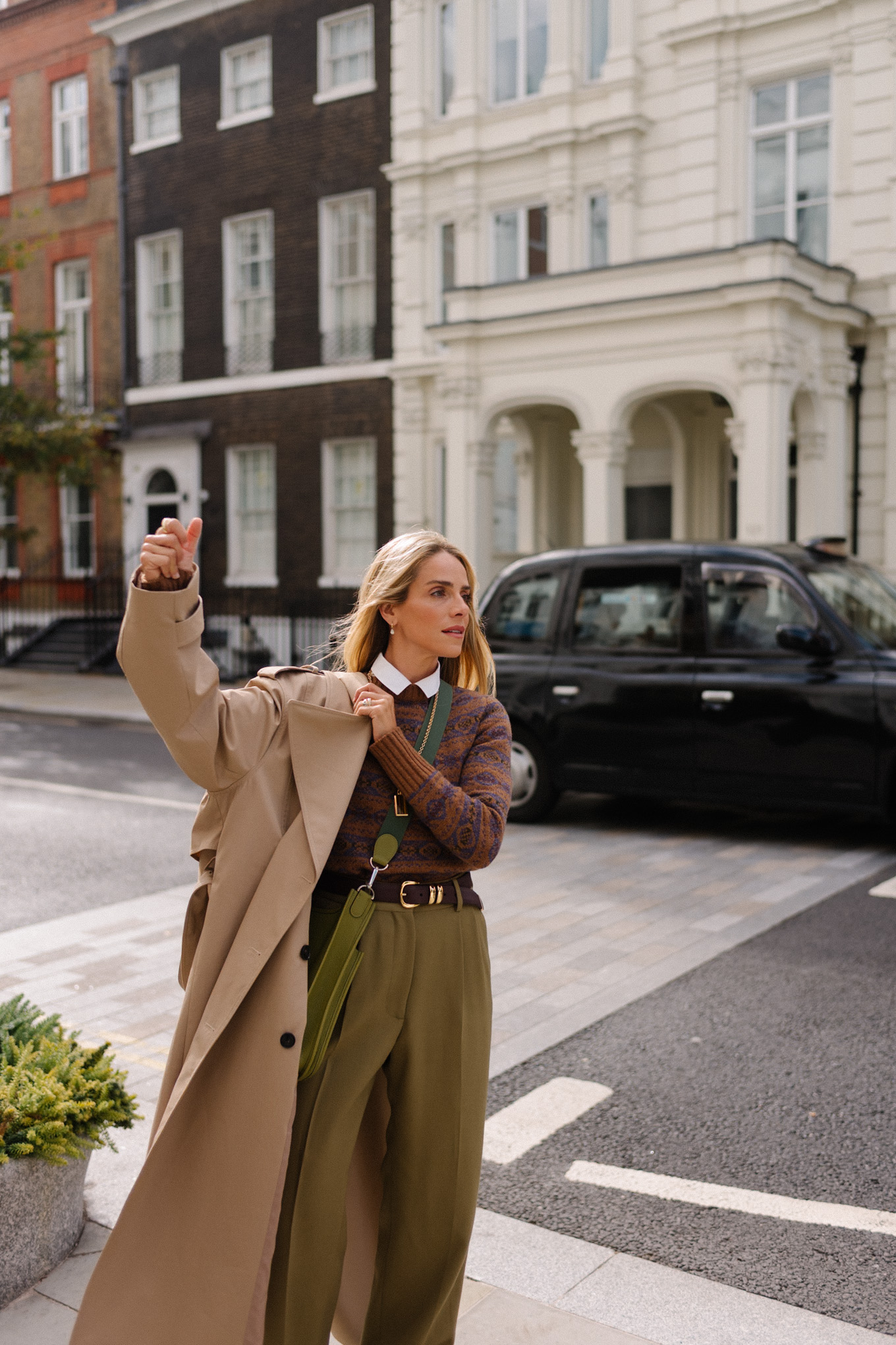 tan trench brown swipe sweater green silk pants