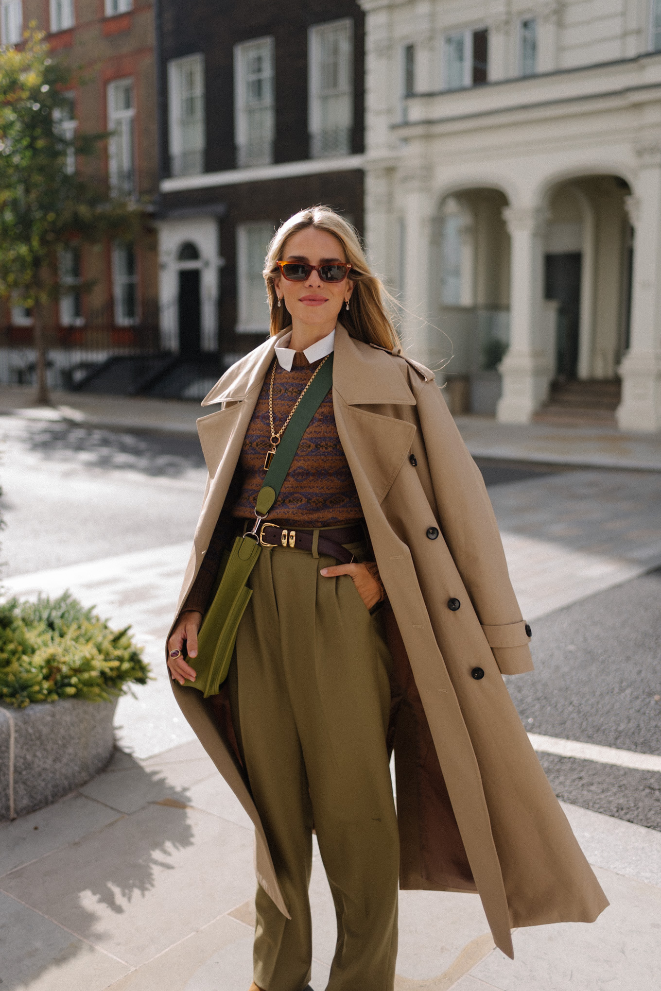 tan trench brown swipe sweater green silk pants