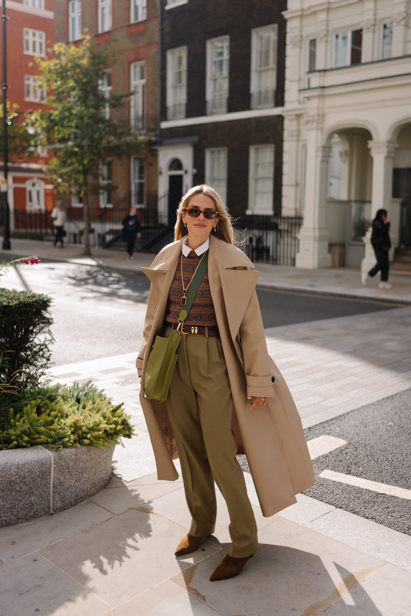 tan trench brown swipe sweater green silk pants