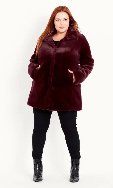 Faux Fur Midi Funnel Coat wine 1 1