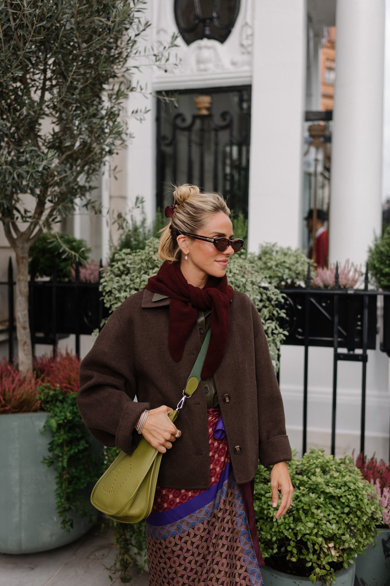 wool jacket leather collared shirt silk wrap skirt suede boots