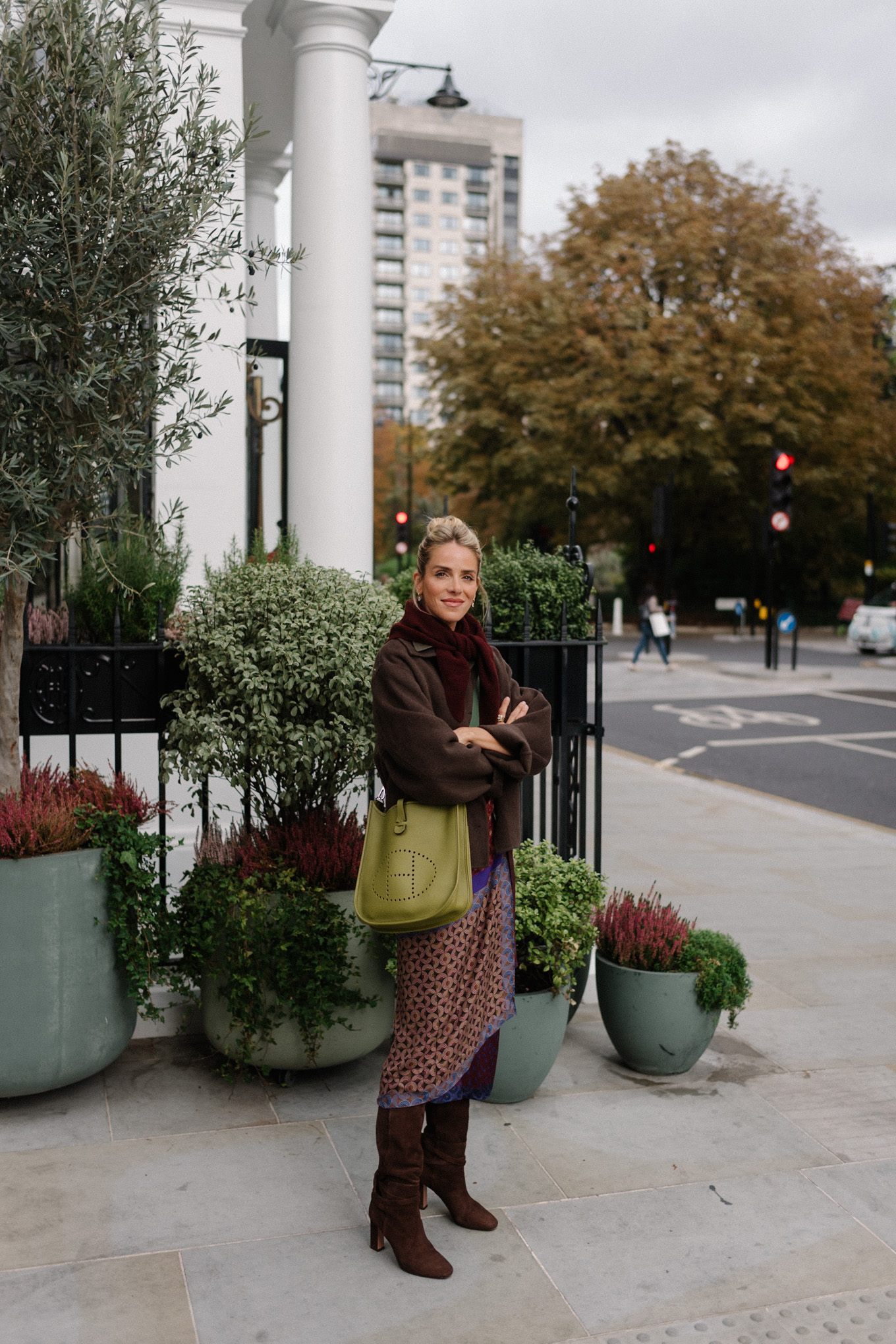 wool jacket leather collared shirt silk wrap skirt suede boots