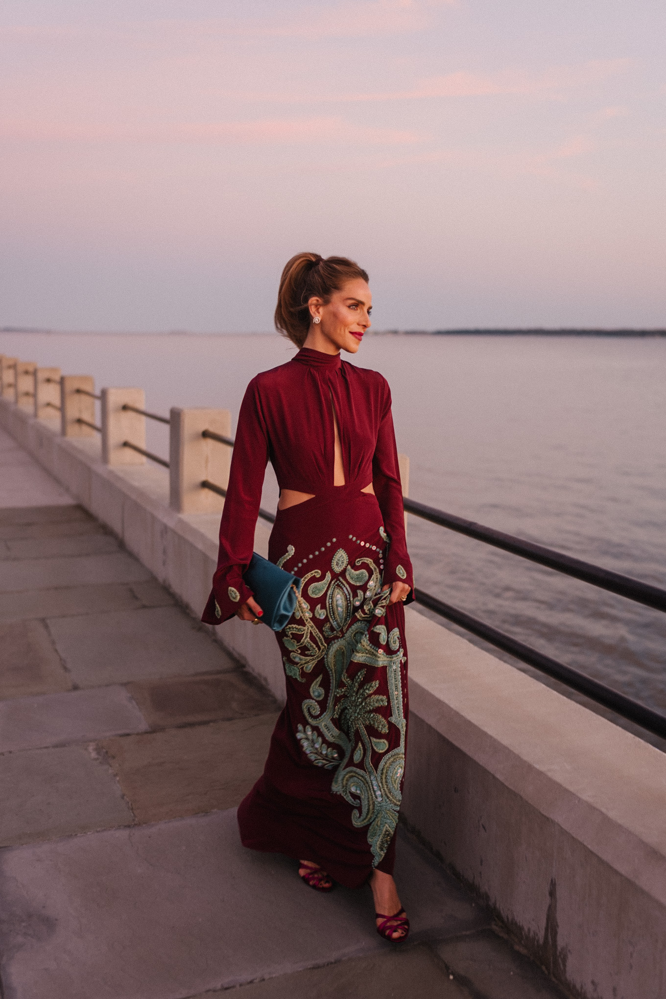 maroon and teal silk beaded gown turquoise clutch pink heels diamond earrings
