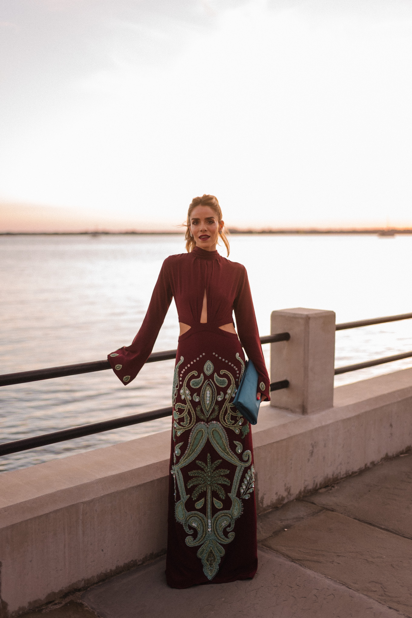maroon and teal silk beaded gown turquoise clutch pink heels diamond earrings