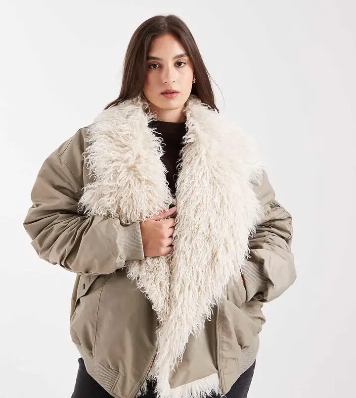 asos curve asos design curve ma1 parka jacket with shaggy faux fur in khaki
