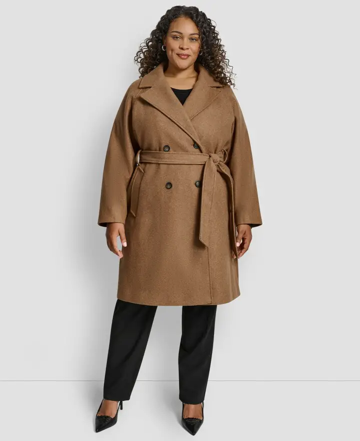 dkny plus size belted notch collar coat