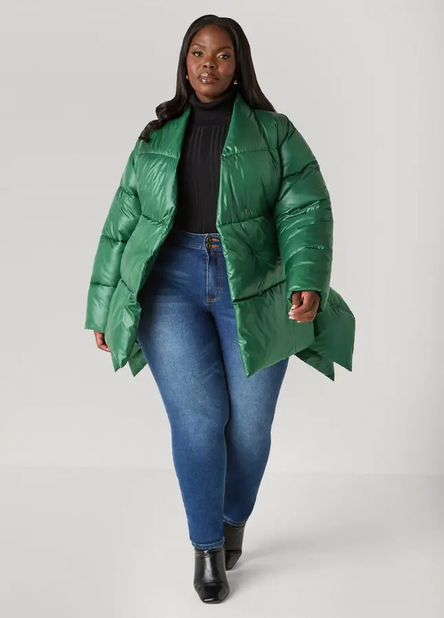 asymmetric belted puffer jacket