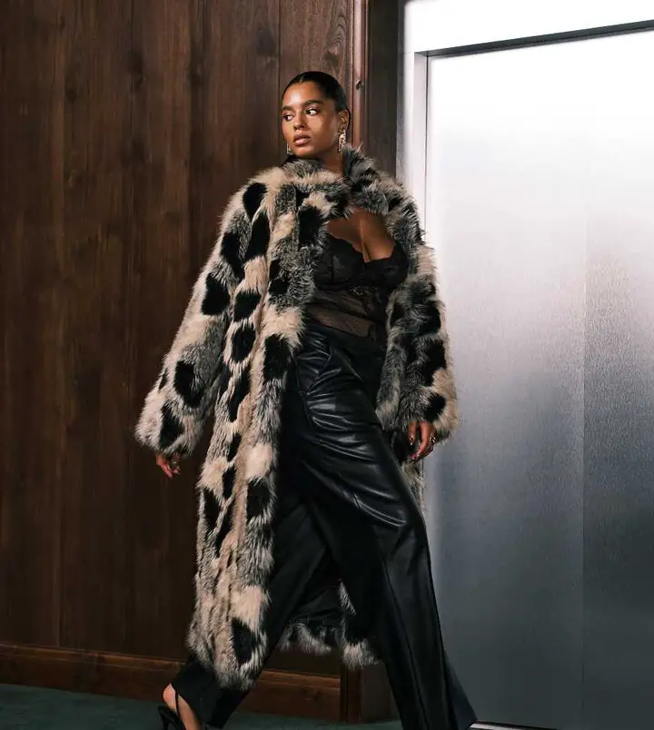 asos curve asos design curve longline patch faux fur coat in oatmeal and black