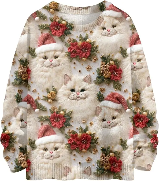 Ugly Christmas Sweaters for Women Plus Size Funny Cartoon Long Sleeve Oversized Crewneck Knit Xmas Sweaters 2024