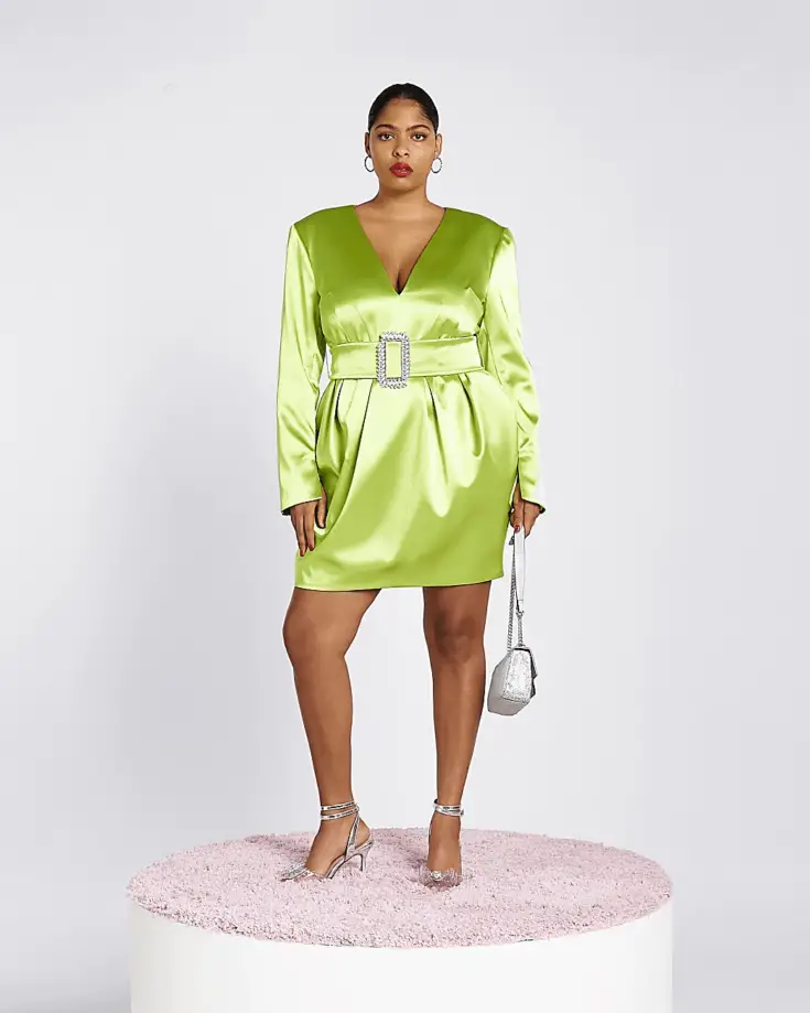 PLUS LIME GREEN SATIN LONG SLEEVE MINI DRESS 1 1