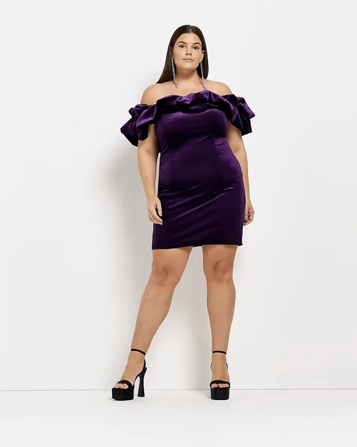 PLUS PURPLE VELVET BARDOT BODYCON MINI DRESS 2 1