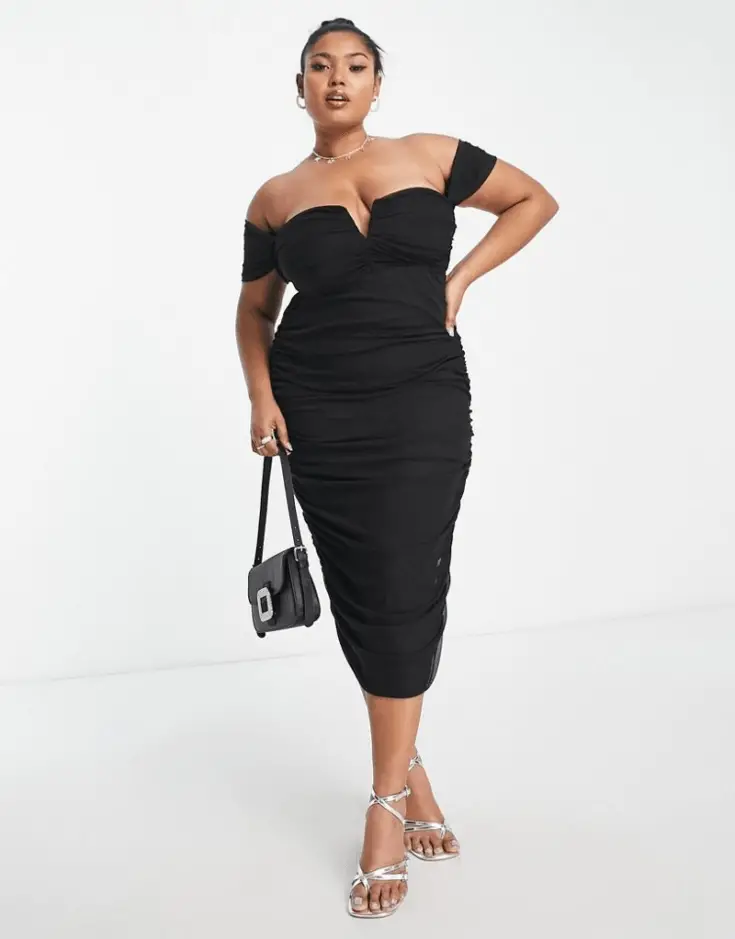 ASOS DESIGN Curve v wire bardot ruched mesh midi dress in black 1 1