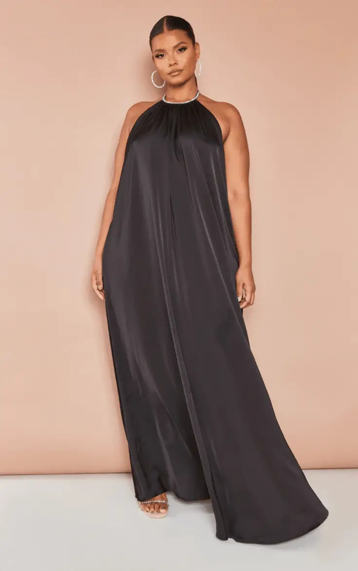 PLUS BLACK DIAMANTE HALTER LOW BACK SATIN MAXI DRESS 1