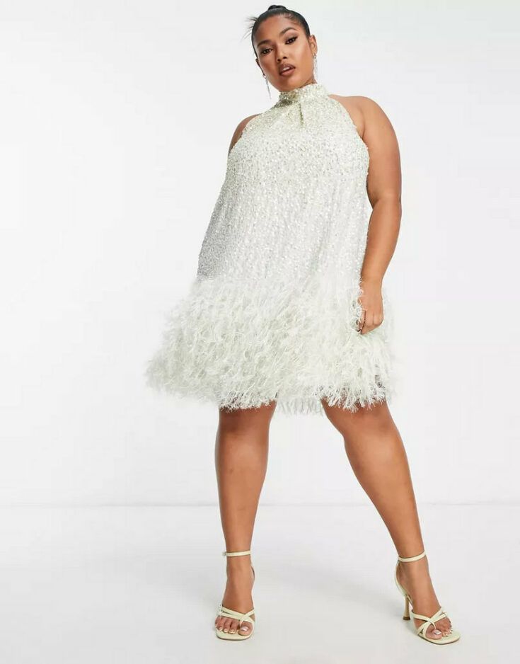 ASOS EDITION Curve sequin halter mini dress with faux feather hem in sage green 2 1 1