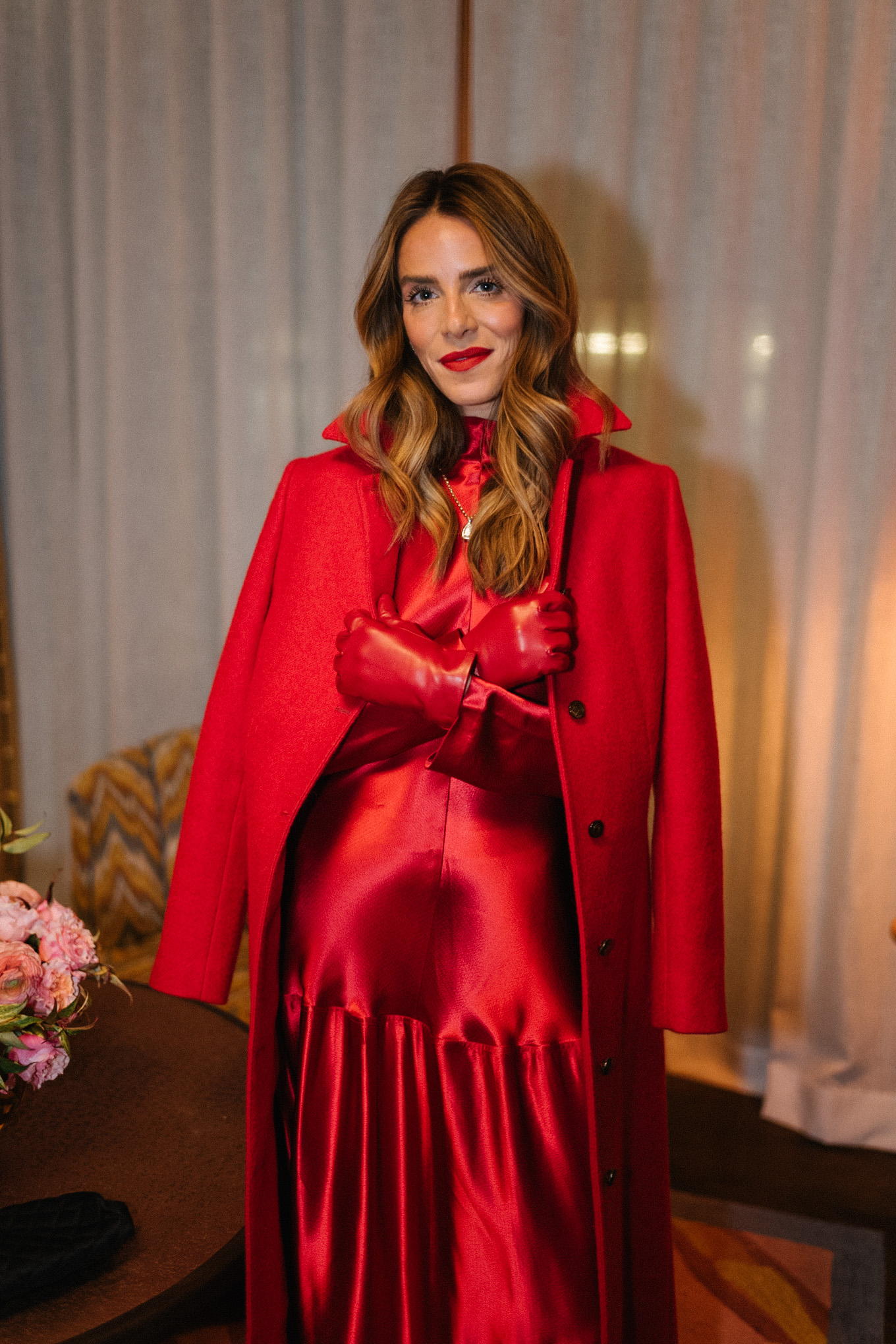 red satin long sleeved maxi dress red leather gloves