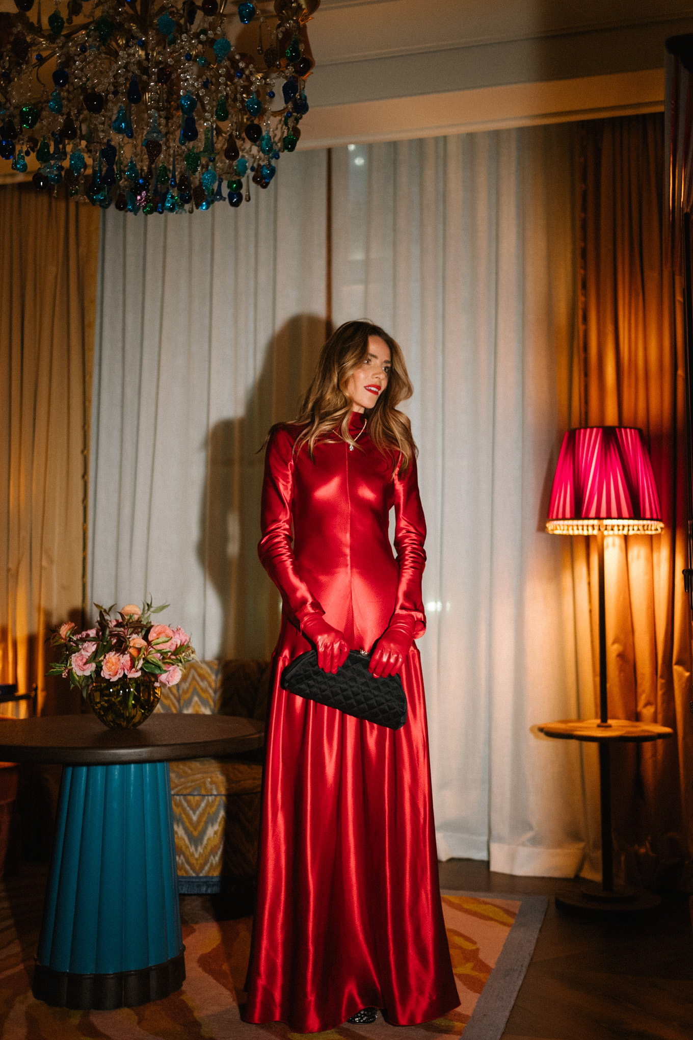 red satin long sleeved maxi dress red leather gloves