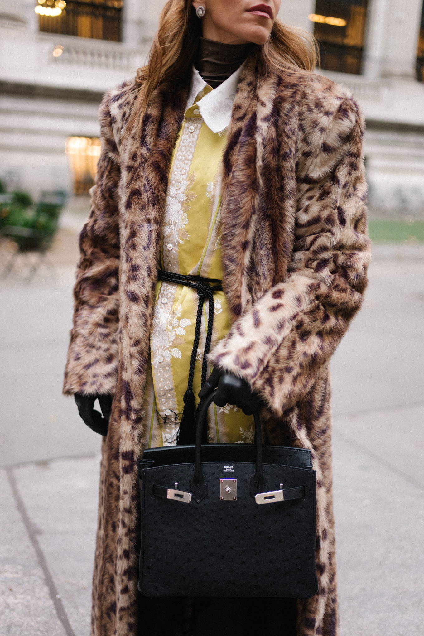 leopard coat silk jacket brown turtleneck tassel belt black handbag black gloves
