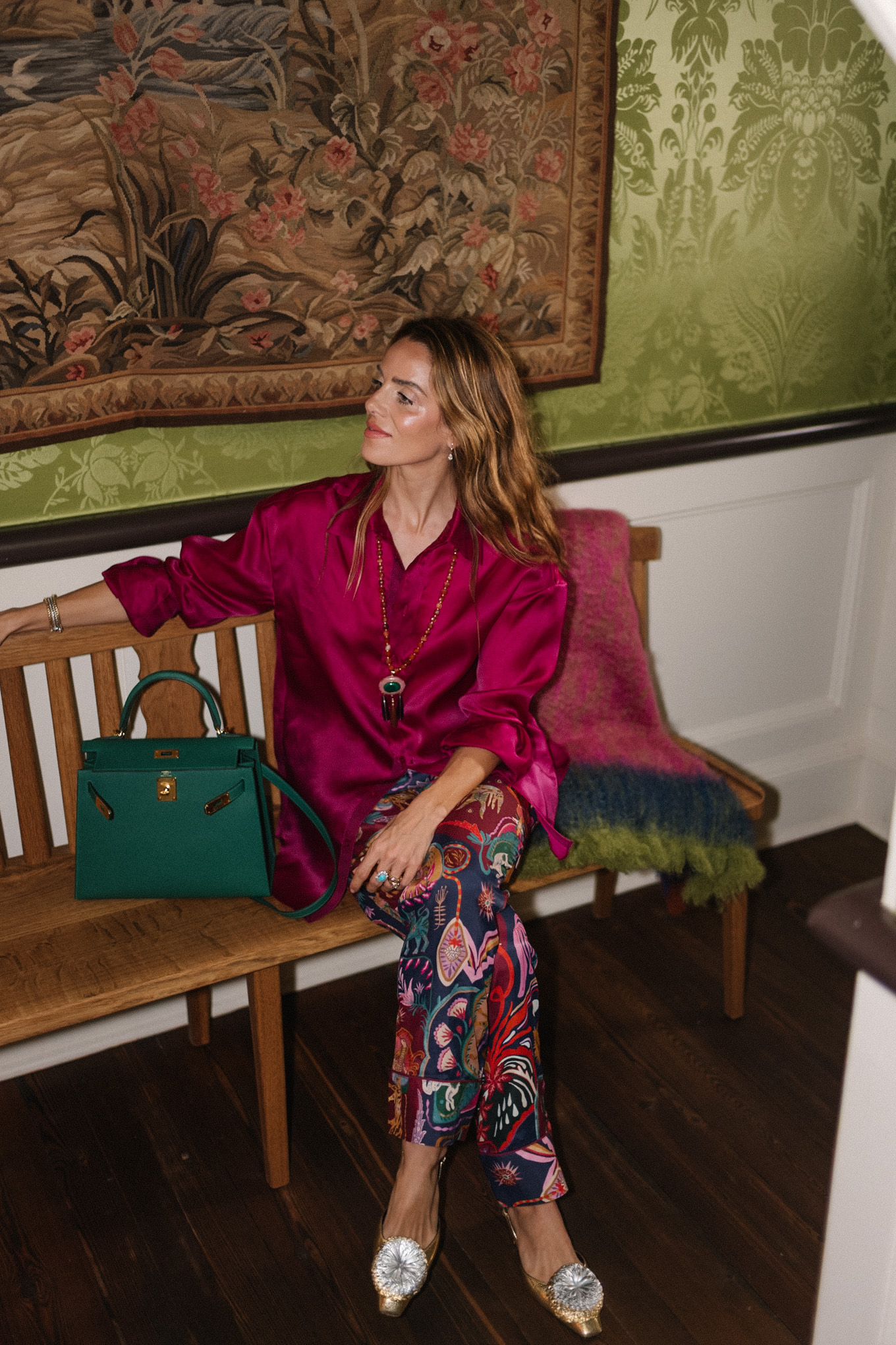 magenta silk blouse silk patterned pants green handbag