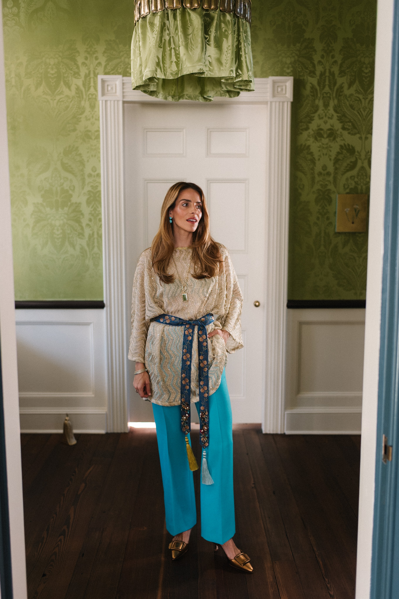 metallic knit top turquoise silk pants silk tie belt