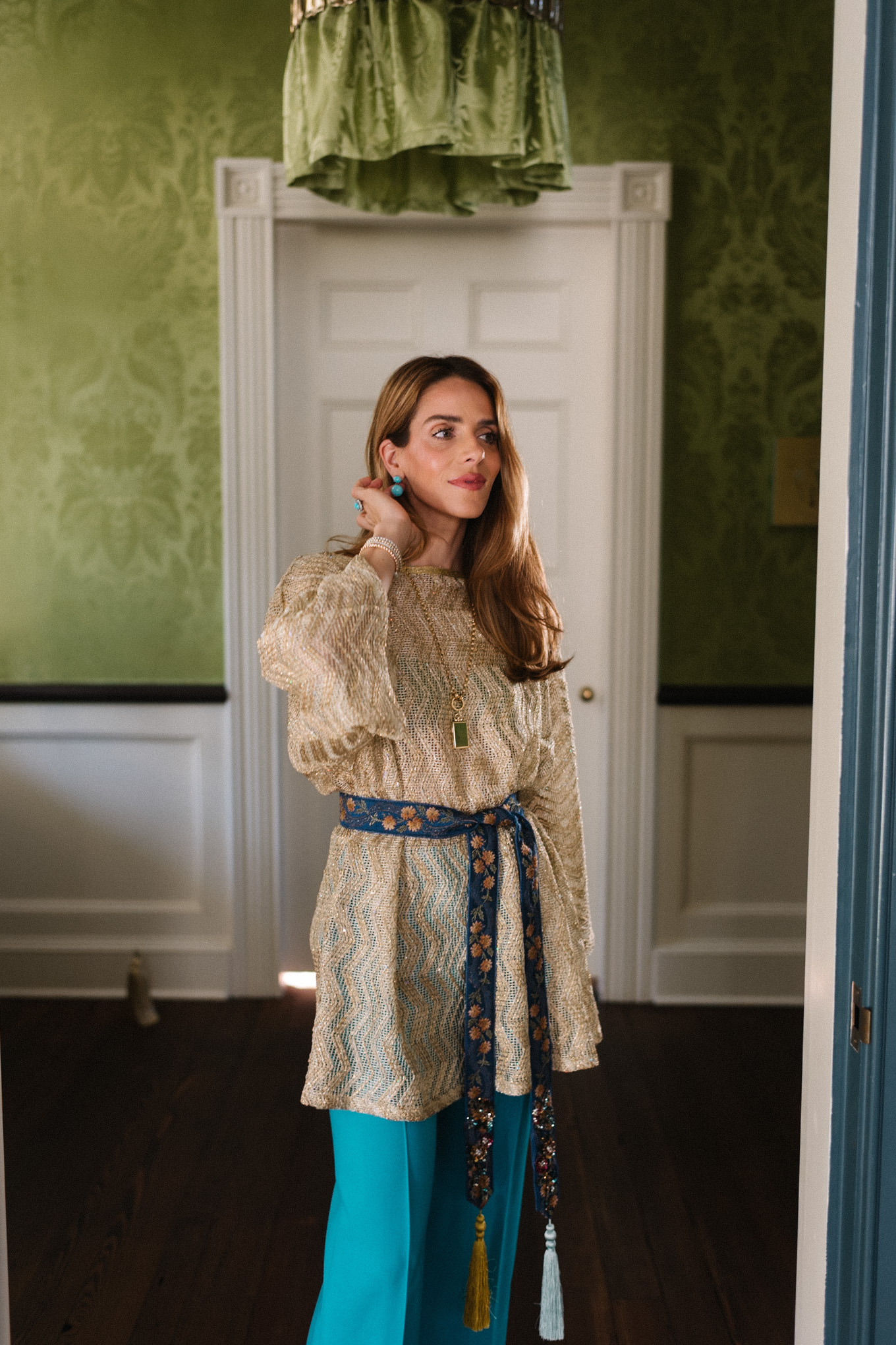 metallic knit top turquoise silk pants silk tie belt