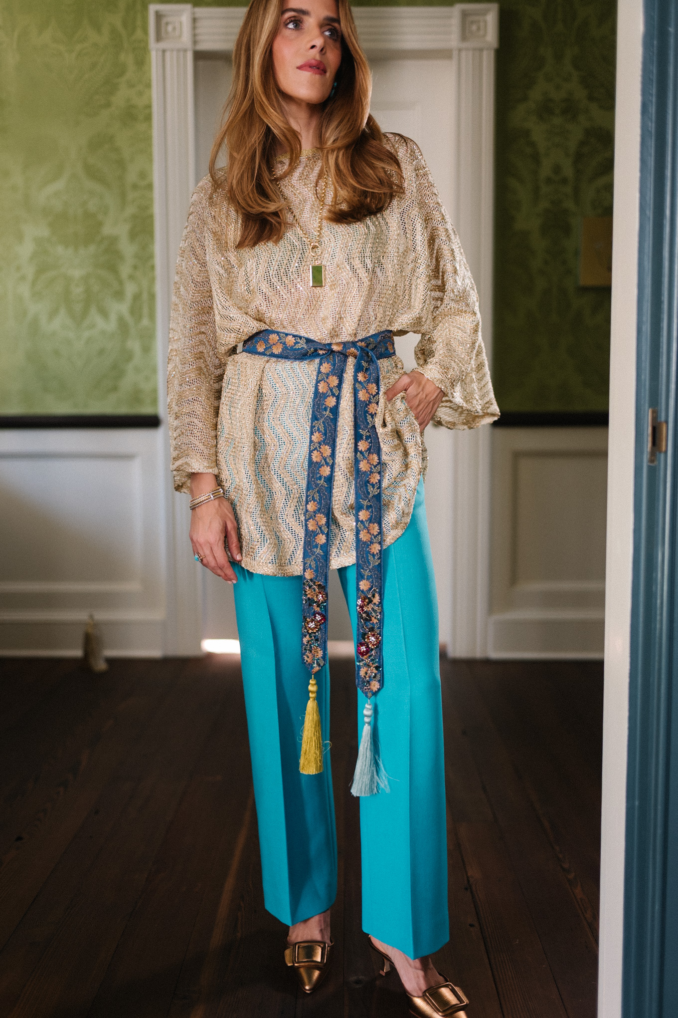 metallic knit top turquoise silk pants silk tie belt