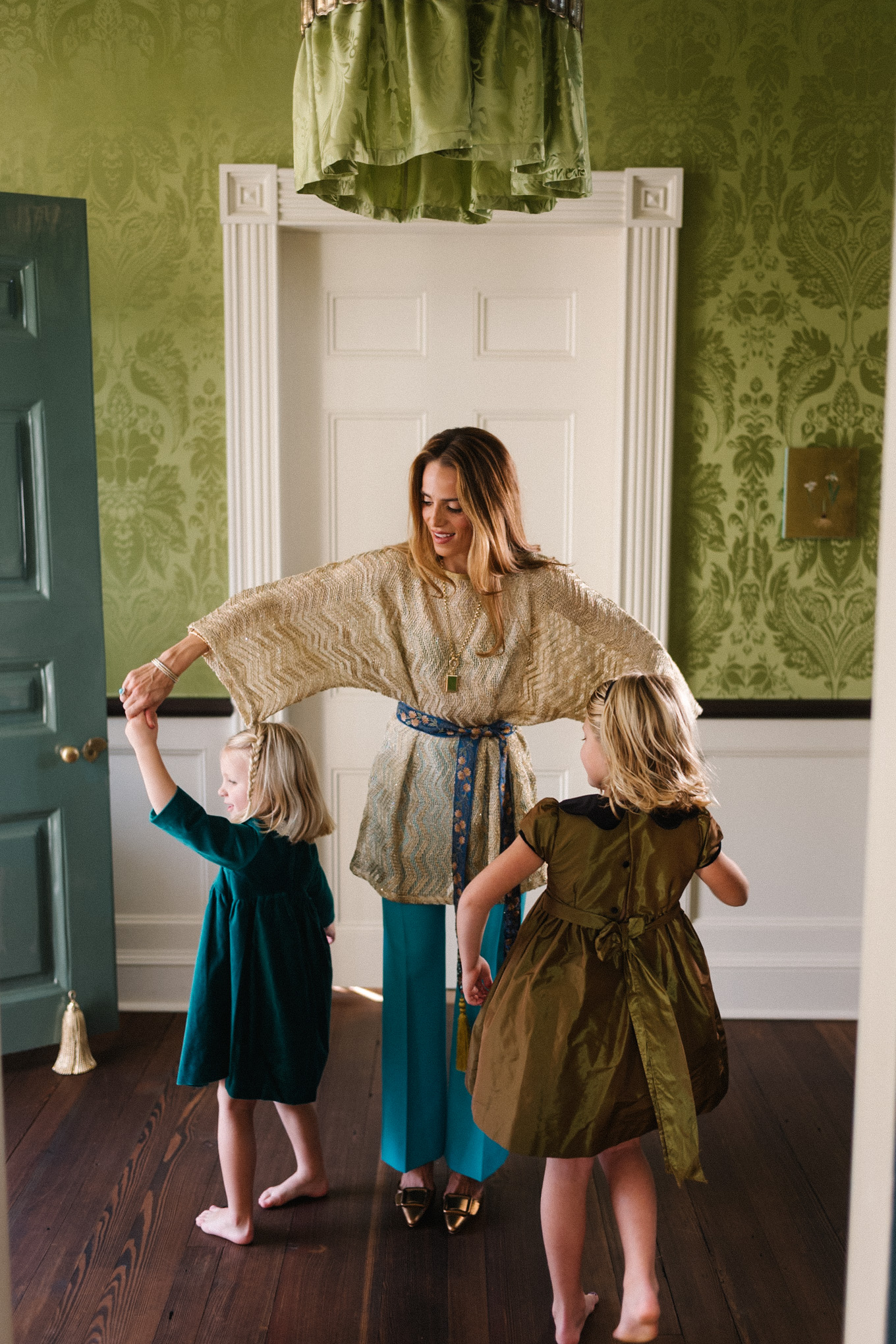 metallic knit top turquoise silk pants silk tie belt