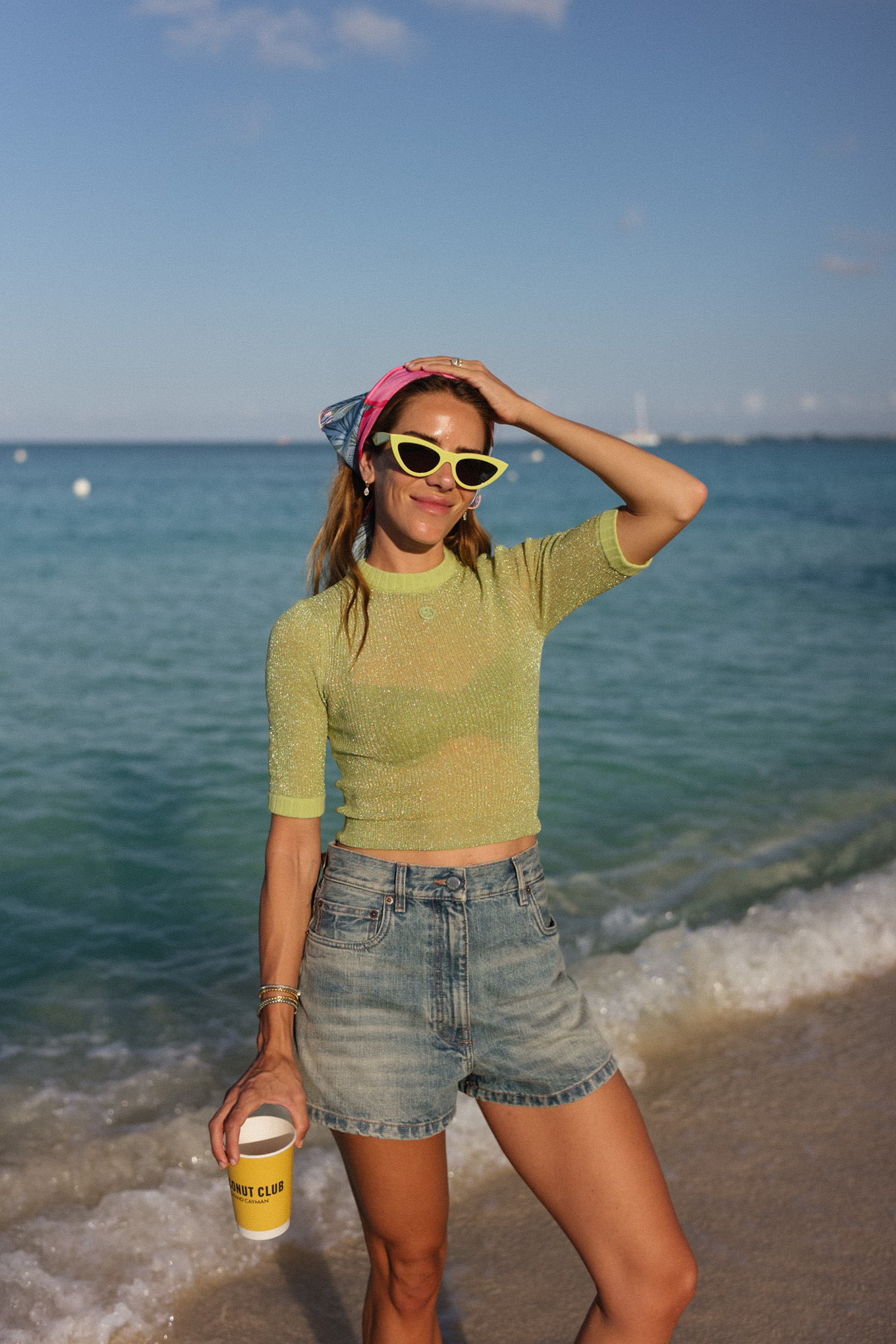 green sheer tee silk head scarf denim shorts