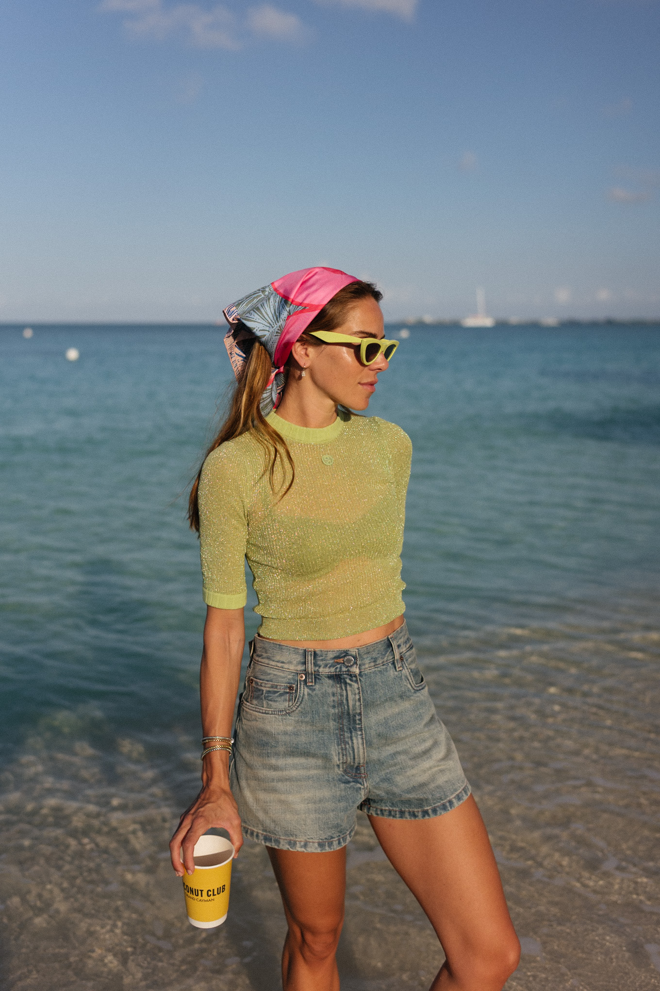 green sheer tee silk head scarf denim shorts