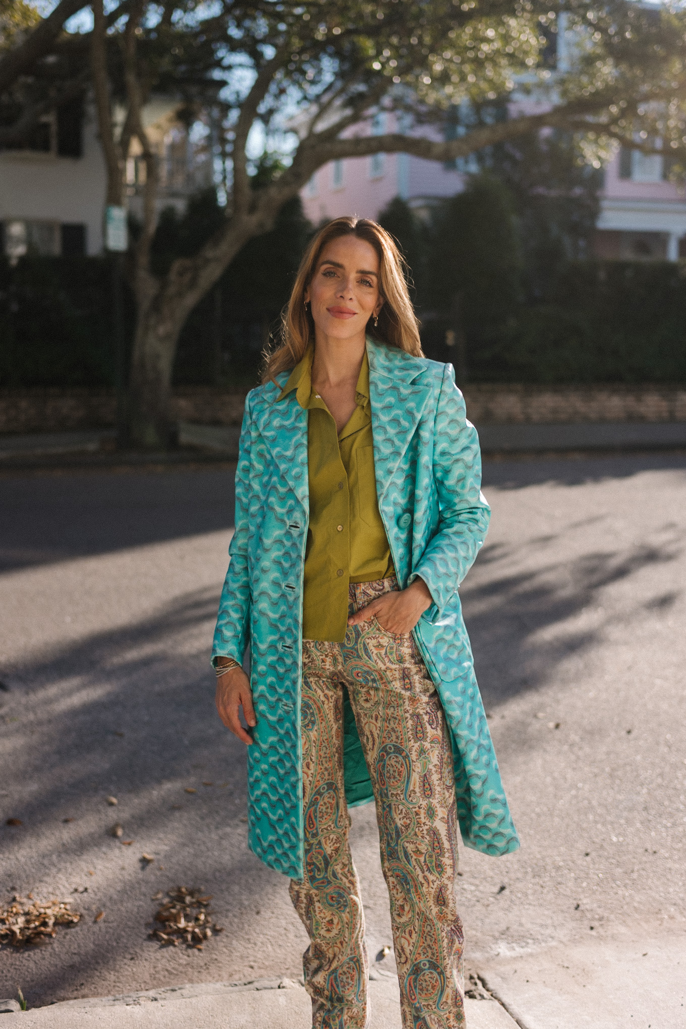 turquoise vintage coat chartreuse green button down shirt paisley jeans brown boots