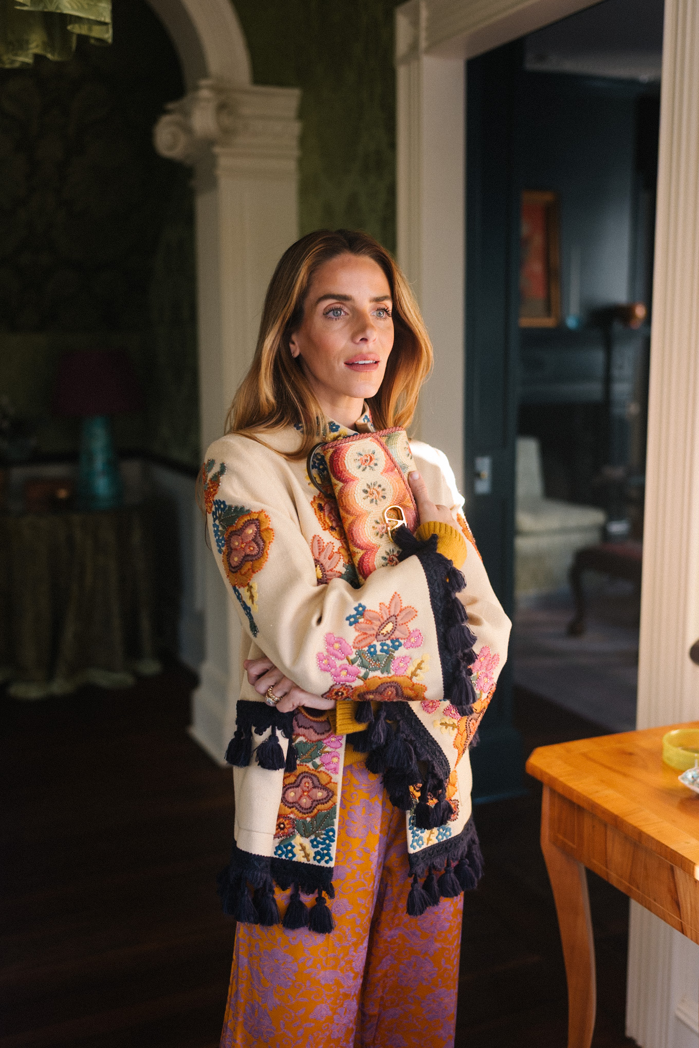 tassel embroidered jacket silk pants embroidered handbag