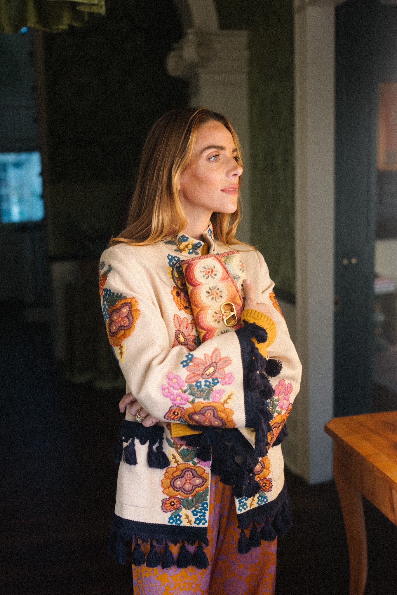 tassel embroidered jacket silk pants embroidered handbag