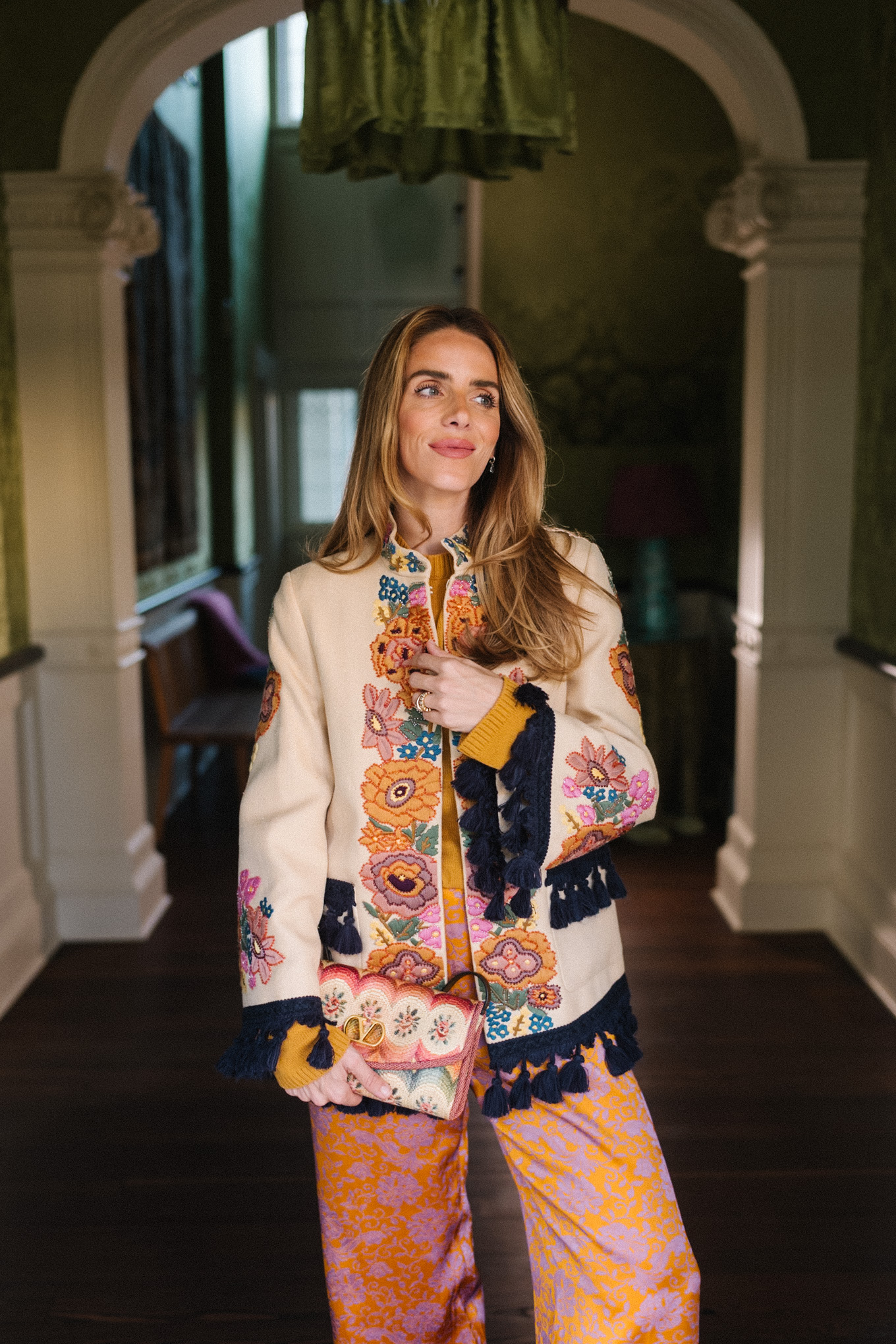 tassel embroidered jacket silk pants embroidered handbag