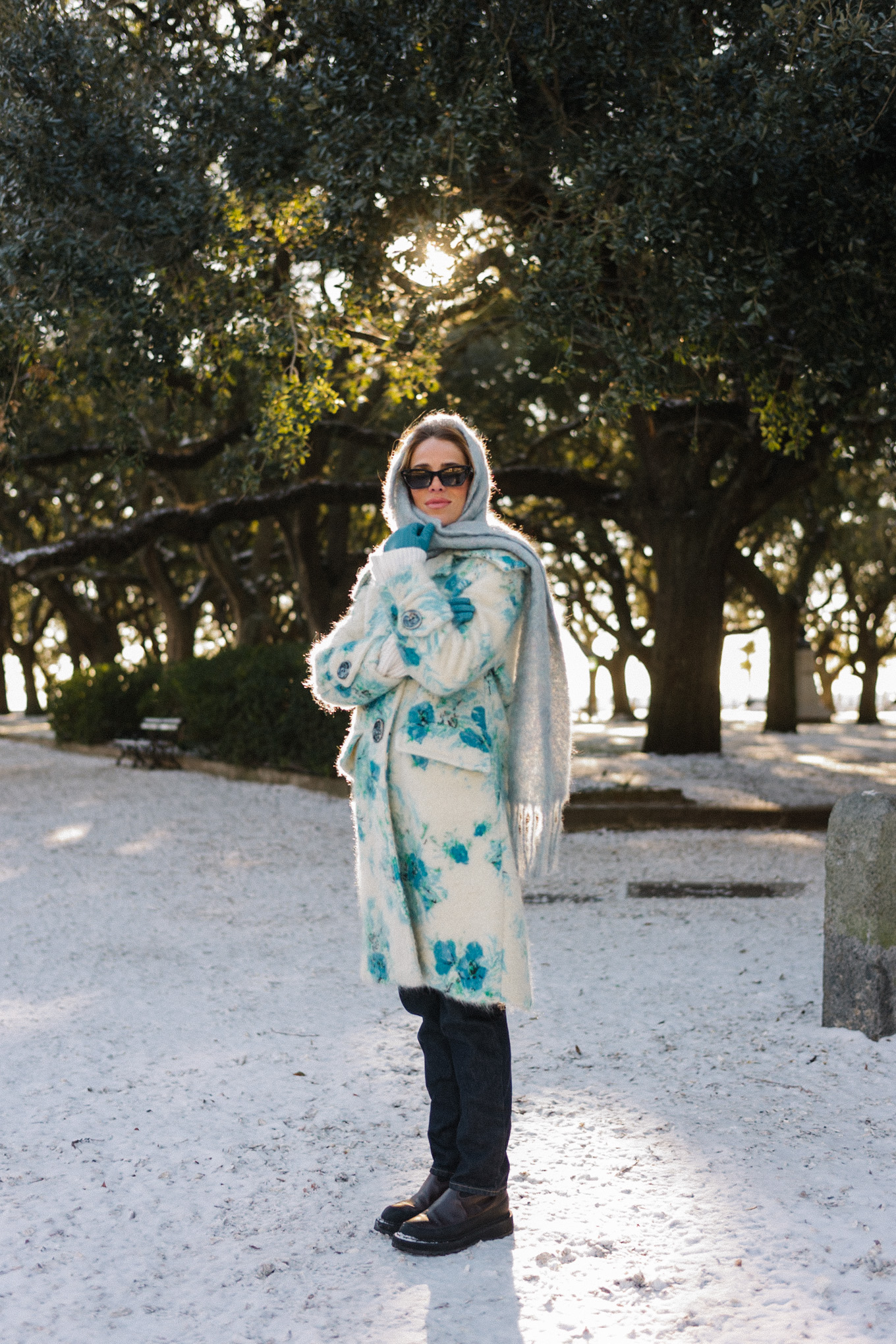 blue white floral wool coat blue gloves blue scarf