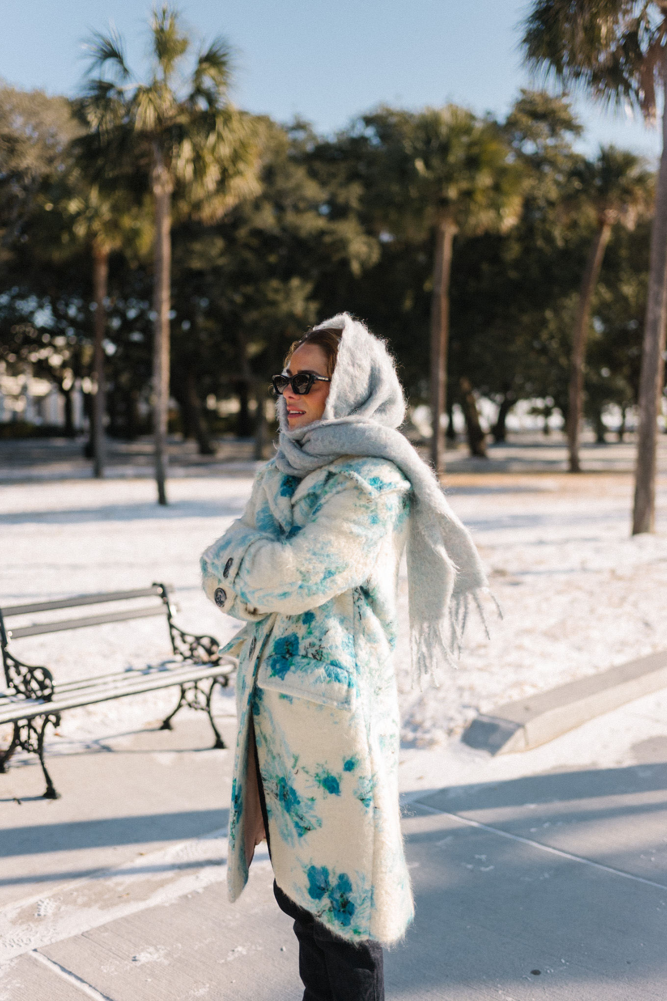 blue white floral wool coat blue gloves blue scarf
