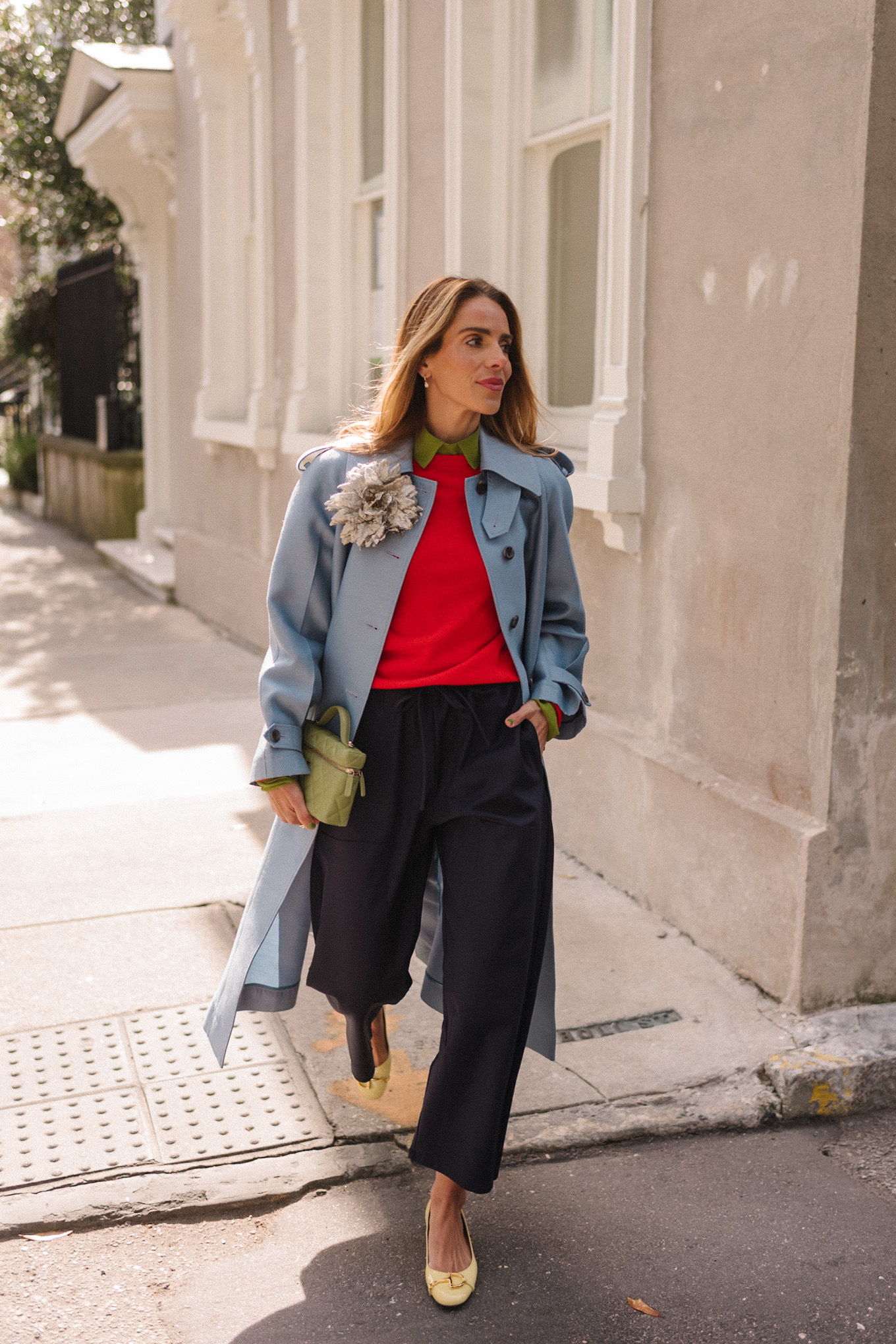 blue wool coat red sweater green blouse yellow flats flower brooch