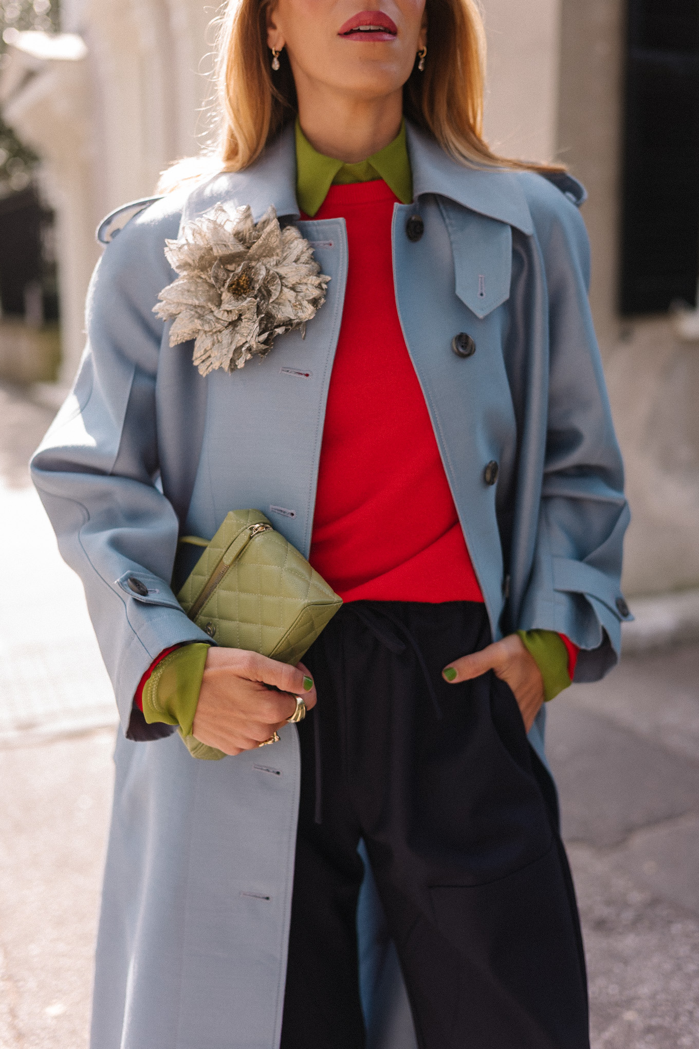 blue wool coat red sweater green blouse yellow flats flower brooch
