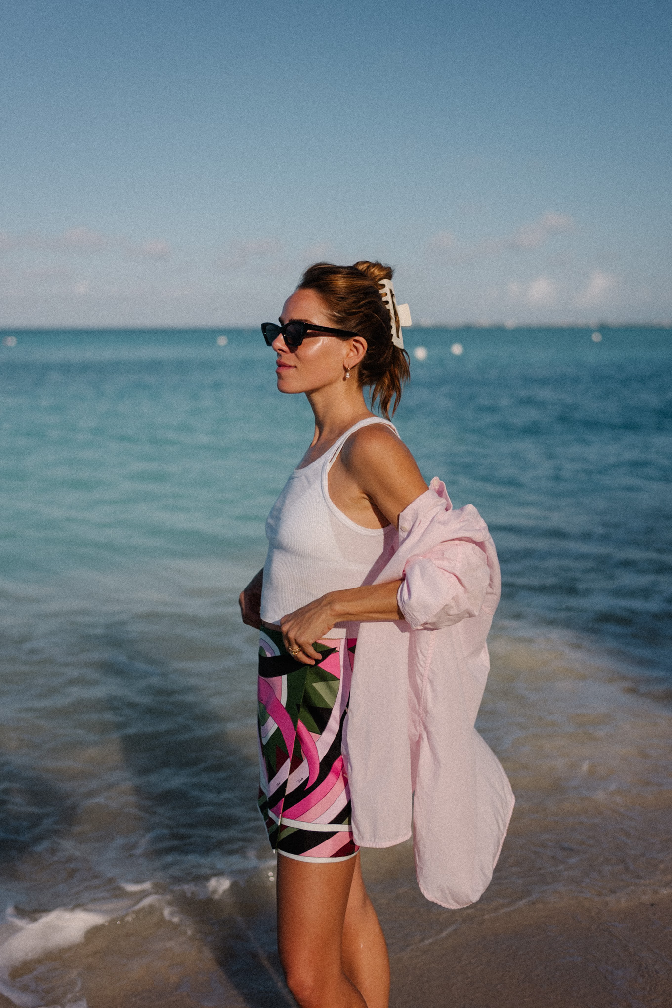pink button down white tank white bikini green pink graphic mini skirt