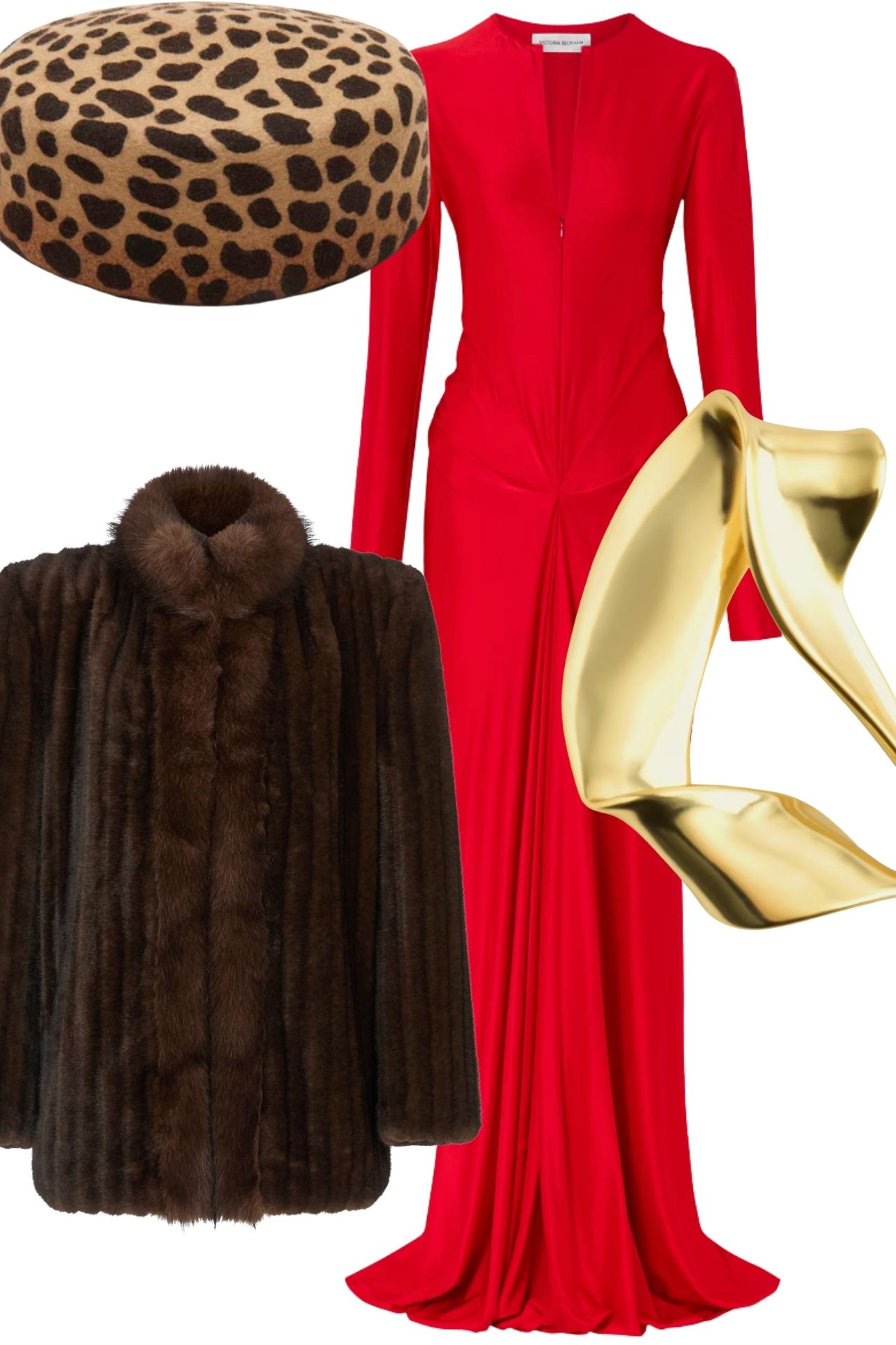 red elegant evening look, faux fur styling, leopard hat outfit