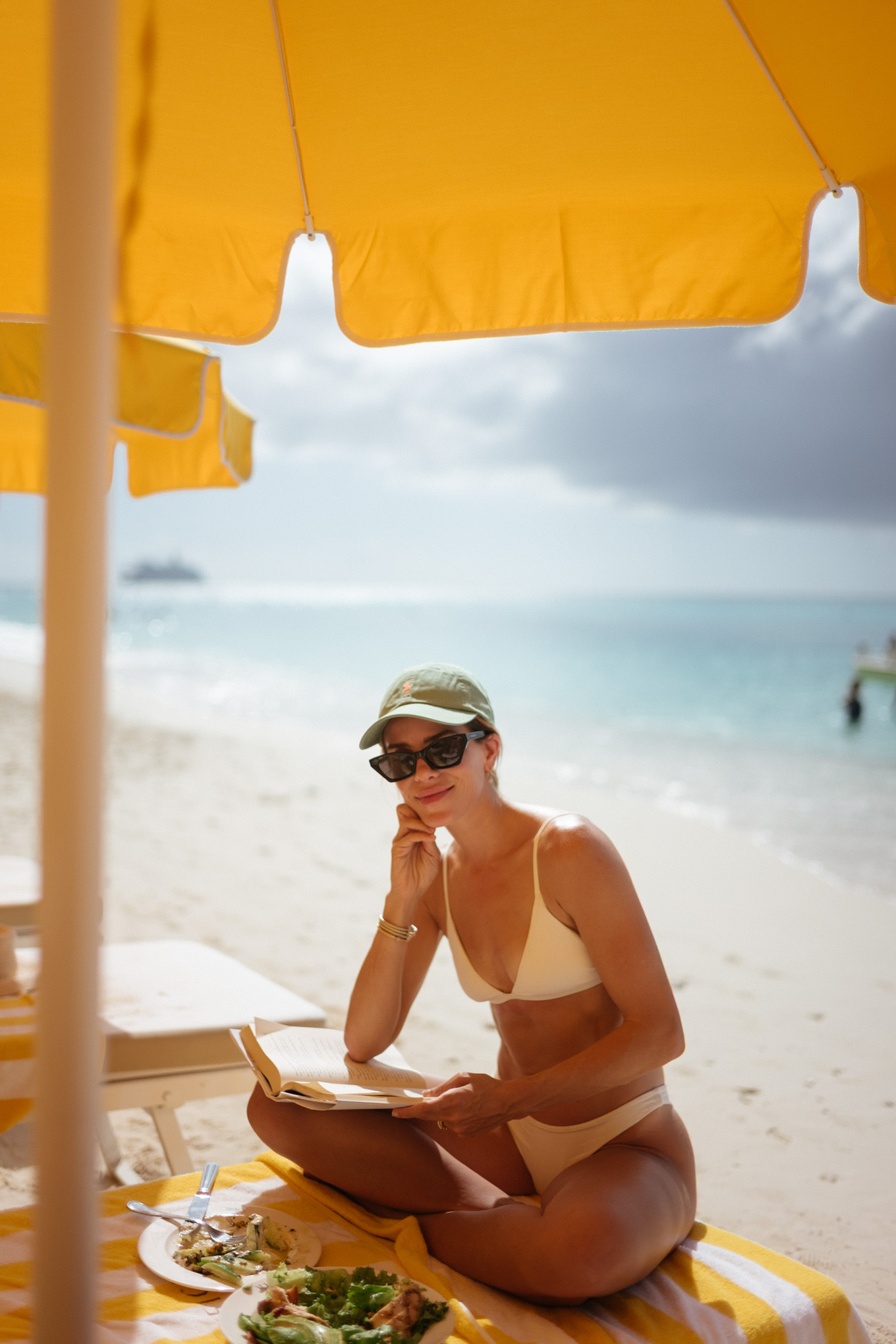 white bikini green baseball hat