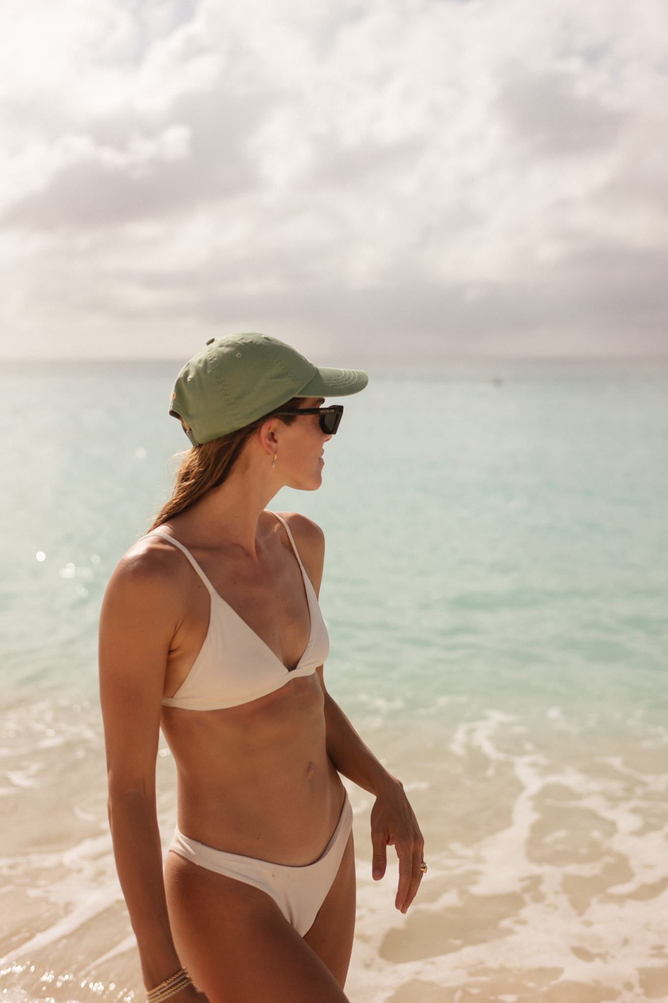 white bikini green baseball hat