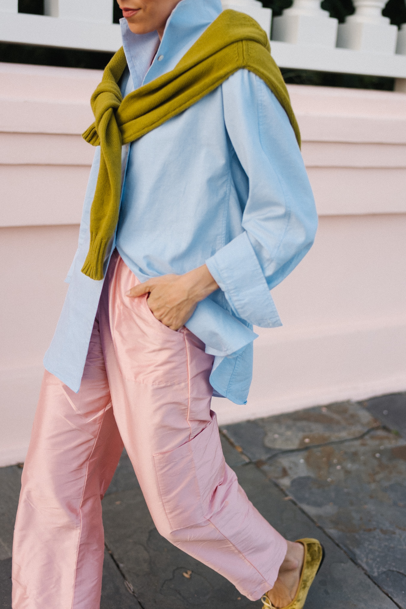 light blue button down chartreuse sweater pink taffeta pants velvet ballet flats