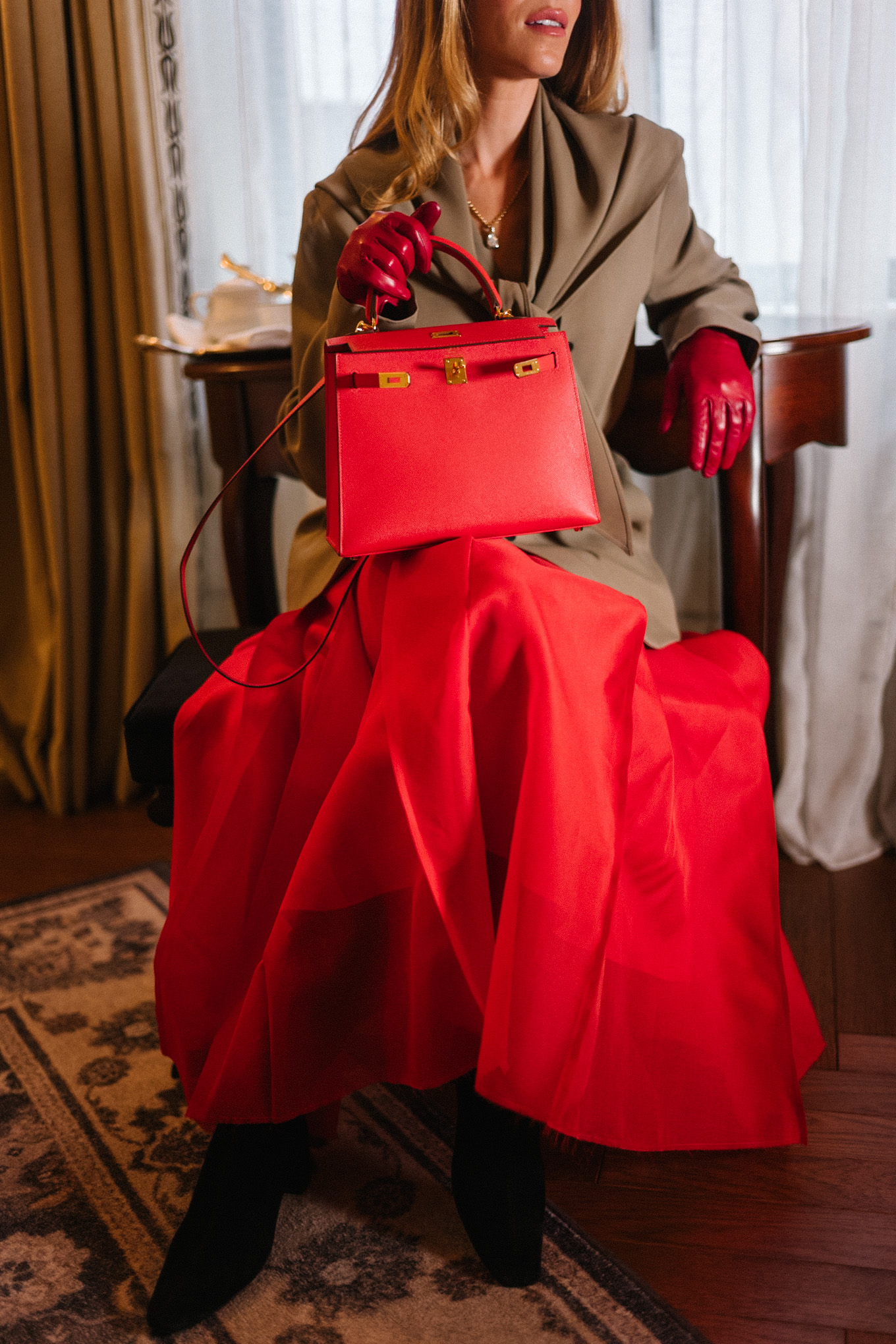 shearling coat tan scarf blazer red maxi skirt red leather handbag