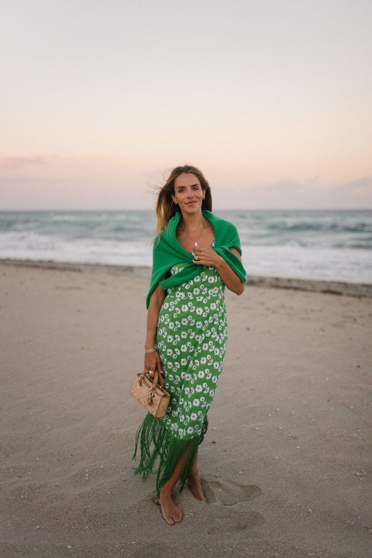 green white fringe knit midi dress green sweater