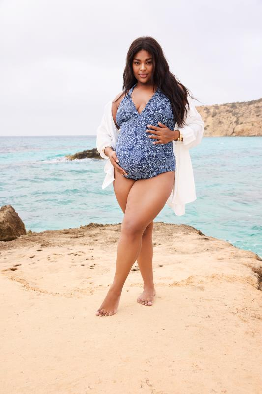 plus size maternity swimsuits 
BUMP IT UP MATERNITY Curve Blue Paisley Print Halter Neck Swimsuit
