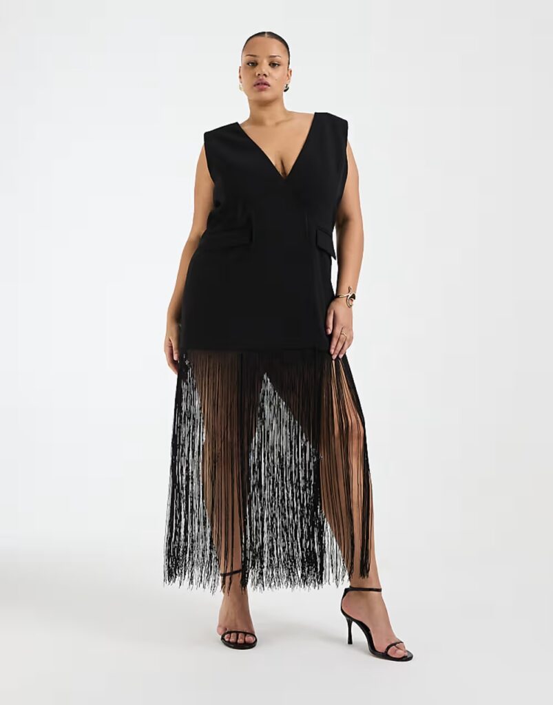 ASOS DESIGN Curve sleeveless blazer with fringe hem in black

