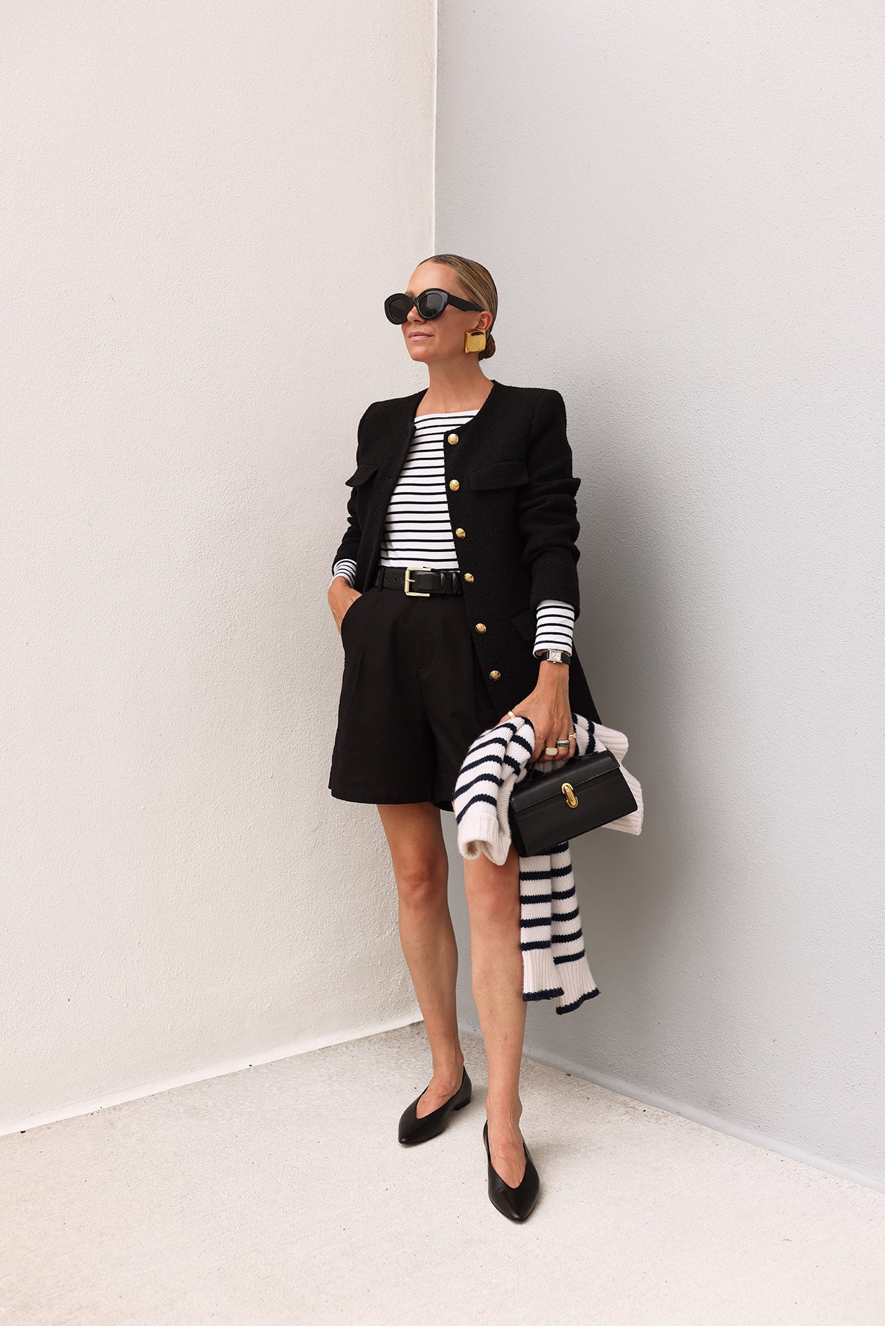 old money style, blair eadie, black linen shorts, j.mclaughlin striped goldie tee, nili lotan jacket